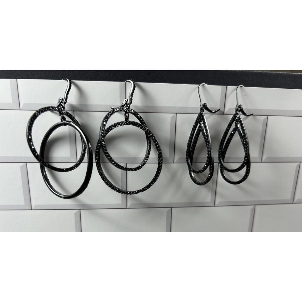 Lot of 2 Black Rhinestone Dangle Earrings Hoop Teardrop Statement Fashion
